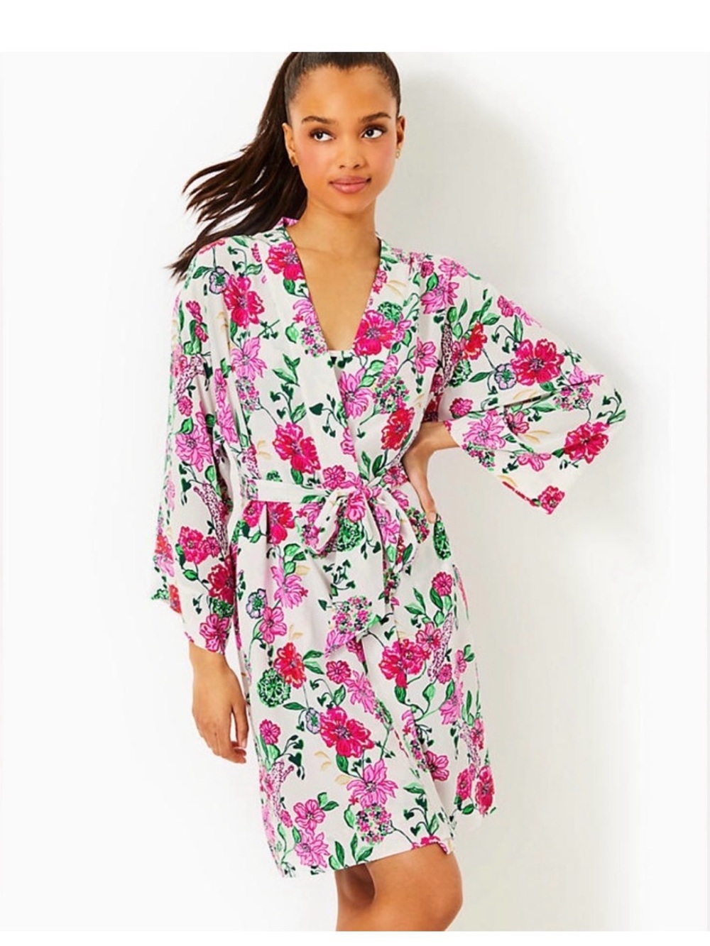 Lilly Pulitzer 100% Silk Floral Tie-Waist Kimono Robe - Pink Floral